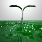 Close-up render of a circuit board representing sustainable data centre operations