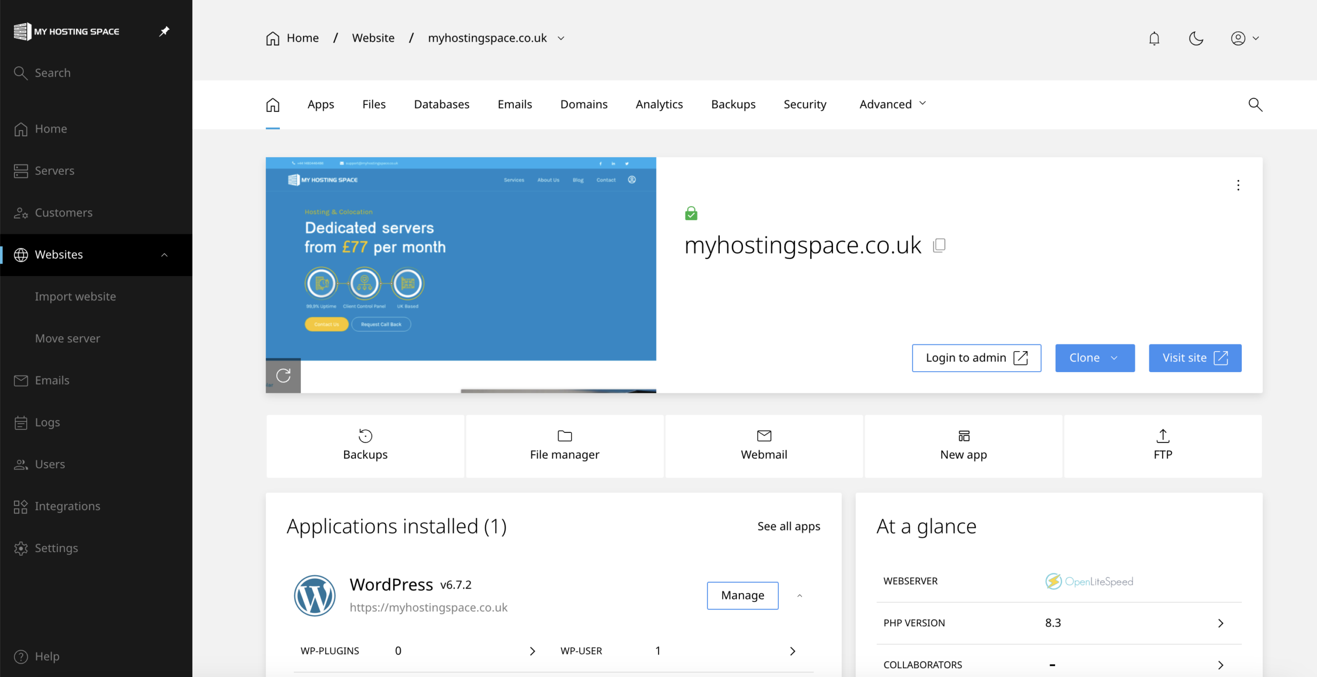 Web hosting control panel dashboard screenshot