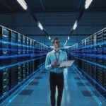 IT engineer working on server network equipment in a data centre