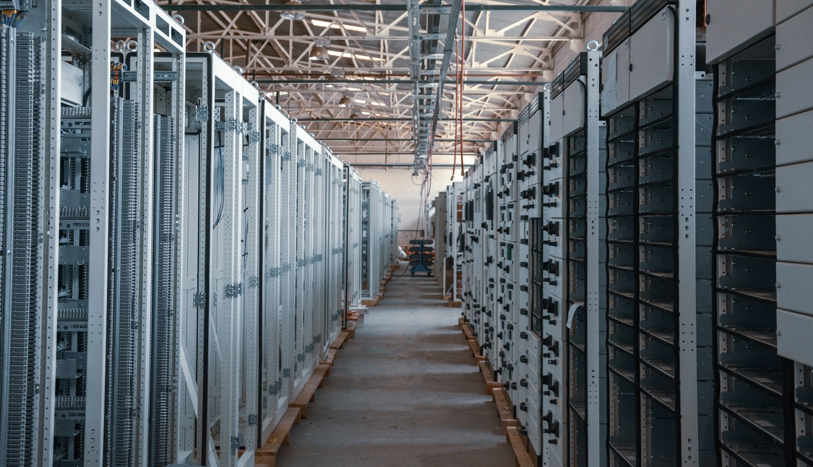 Server room aisle with equipment racks